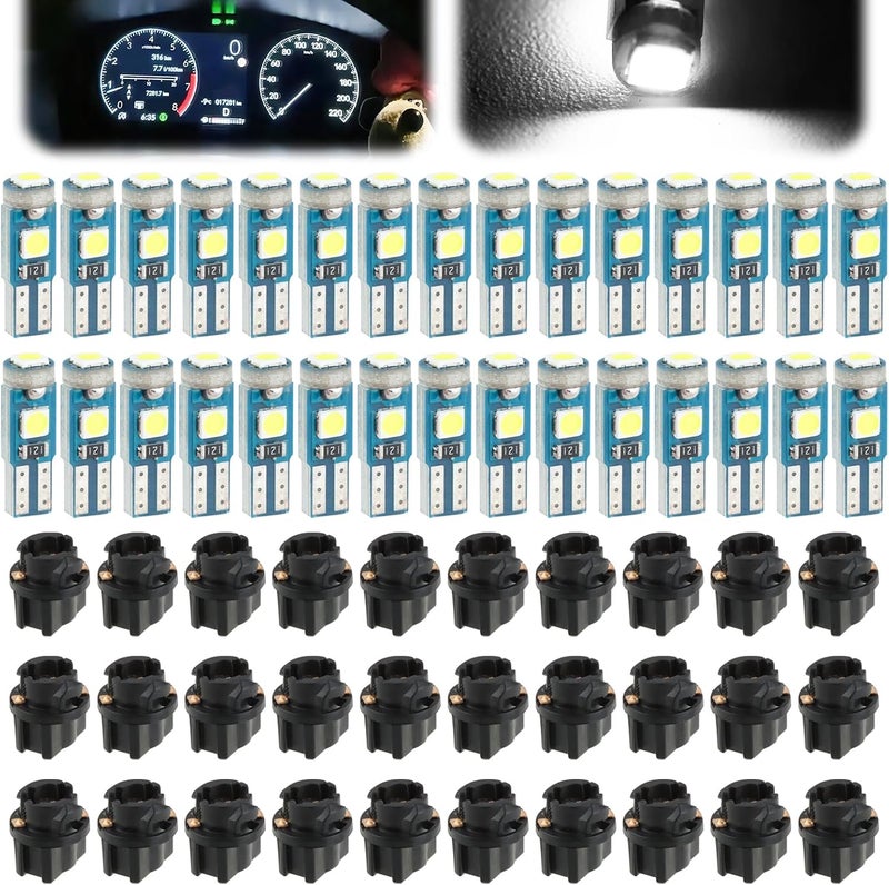 TNJPSEK 30 Sets T5 LED Instrument Cluster Bulbs with Twist Socket, Dash LED Lights for Automotive Panel Gauge Shift Indicator Map Dome (White Light) - Image 1
